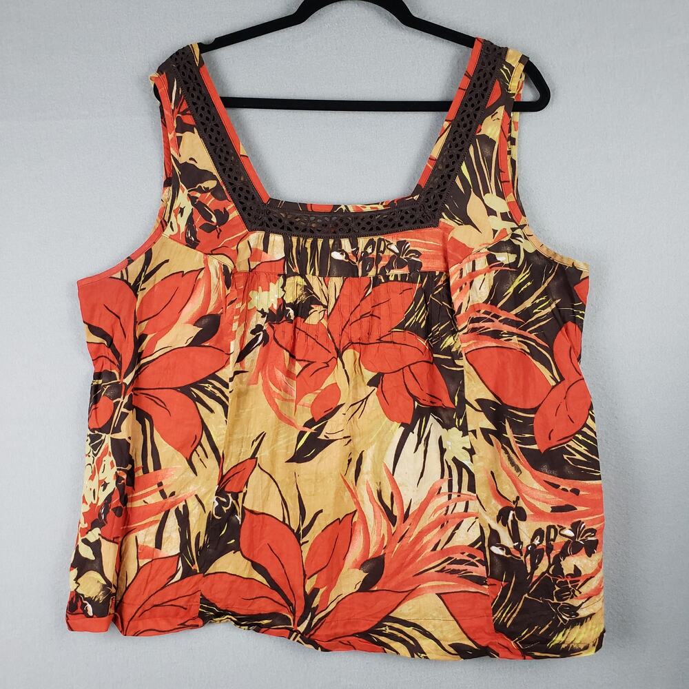 Avenue Plus Size 22/24 Square Neck Tank Top Fall Leaf Print Orange Brown‎ Autumn
